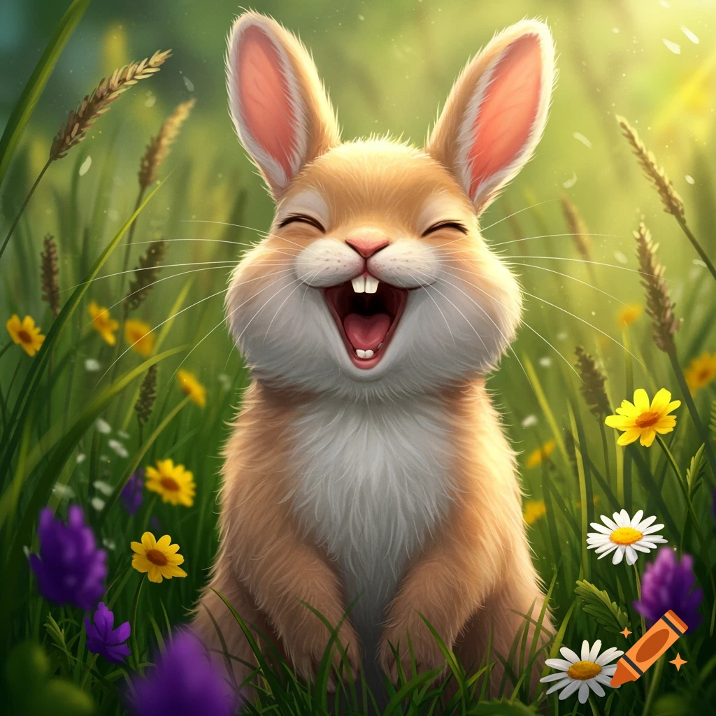 A happy, laughing cartoon rabbit with big ears sits in a bright green field of yellow, white, and purple wildflowers.