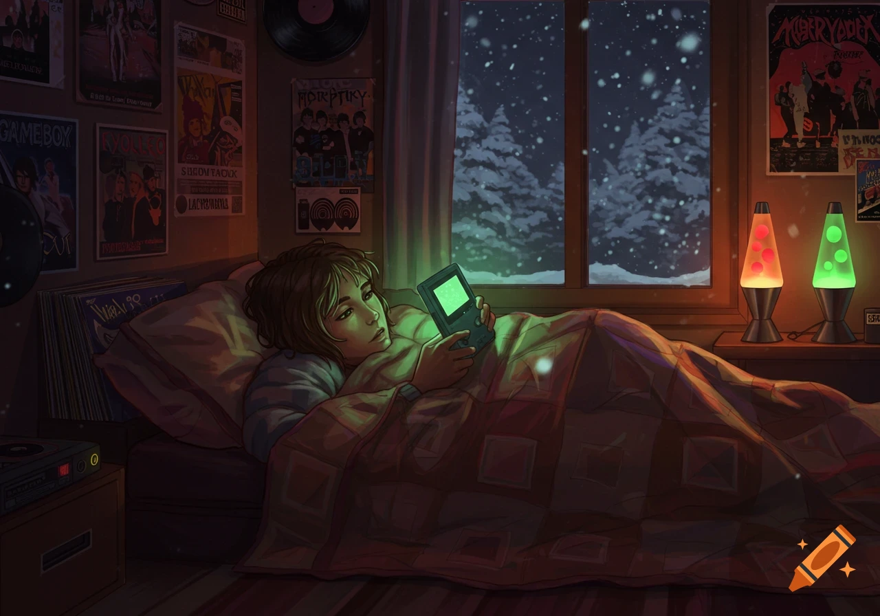 An illustrated scene of a person under a thick blanket playing a glowing Gameboy in a cozy, dimly lit bedroom during a snowy night.