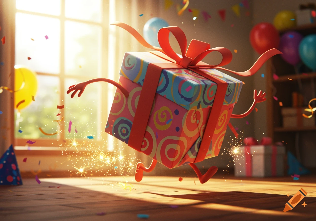 A cartoon birthday present with arms and legs runs across a wooden floor, surrounded by confetti and sparkles in a brightly lit room with balloons.