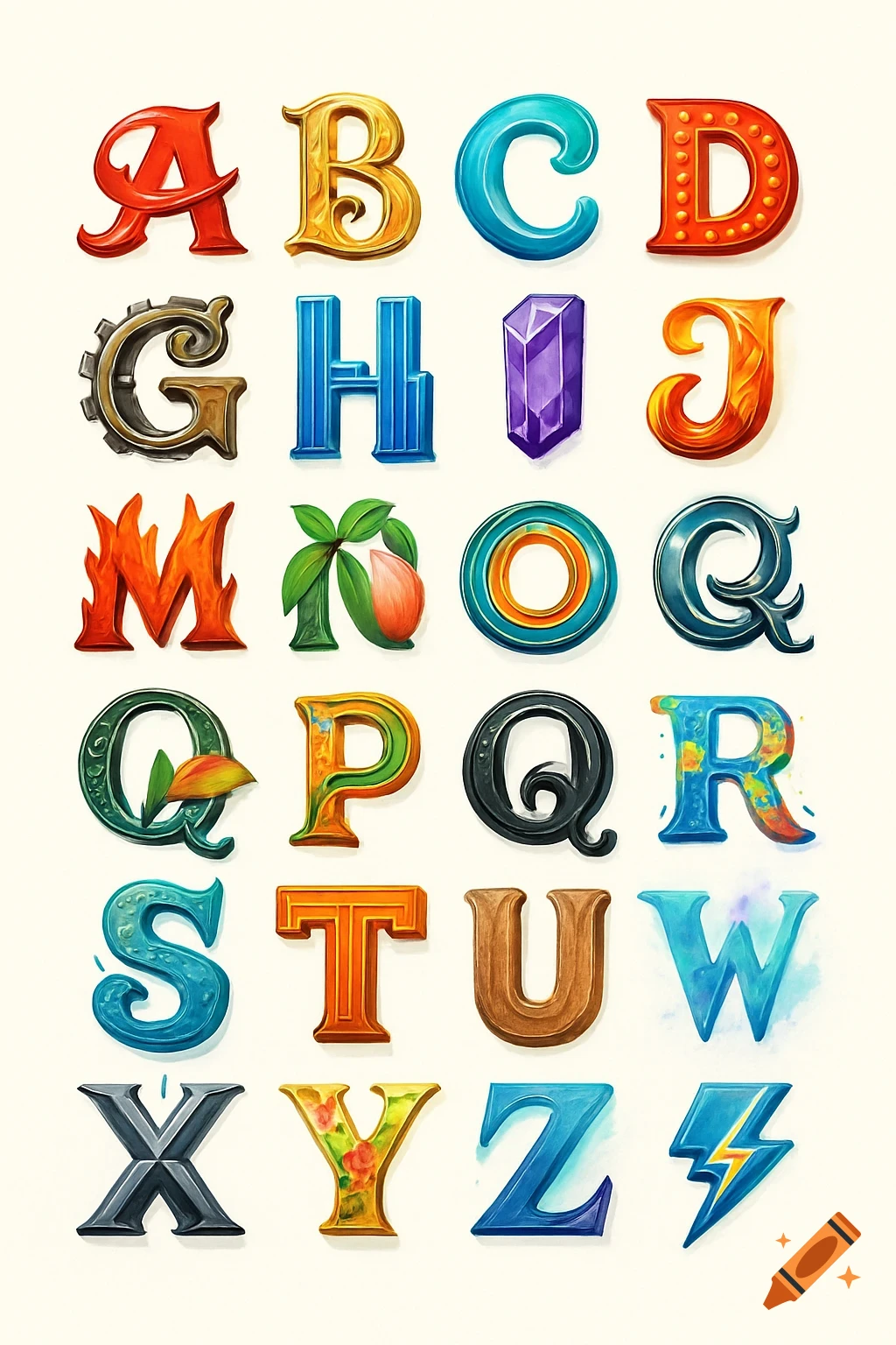 A full alphabet with each uppercase letter A-Z designed in a unique, colorful, and stylized way, resembling various themes like gears, flames, crystals, and nature.