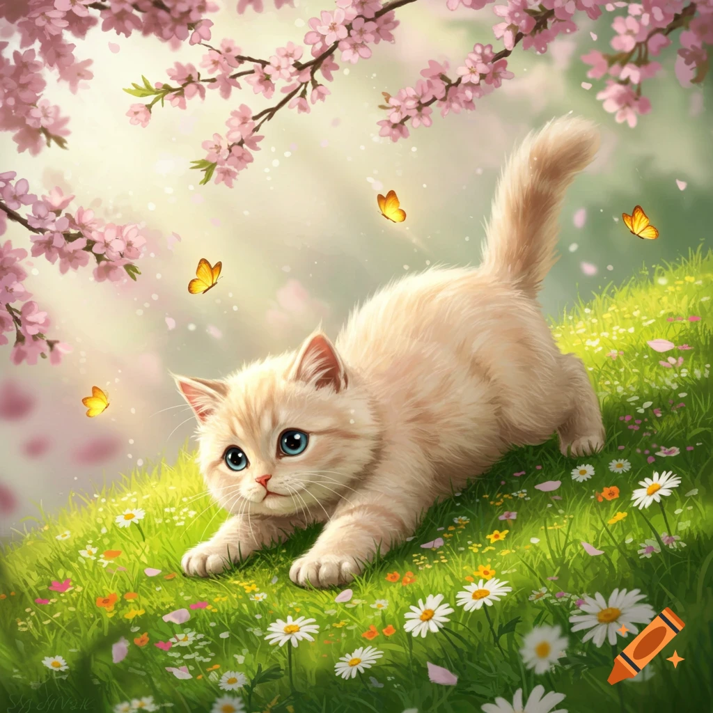 A cute fluffy ginger kitten with blue eyes crouches in a vibrant green meadow filled with wildflowers, under blossoming cherry branches with butterflies.