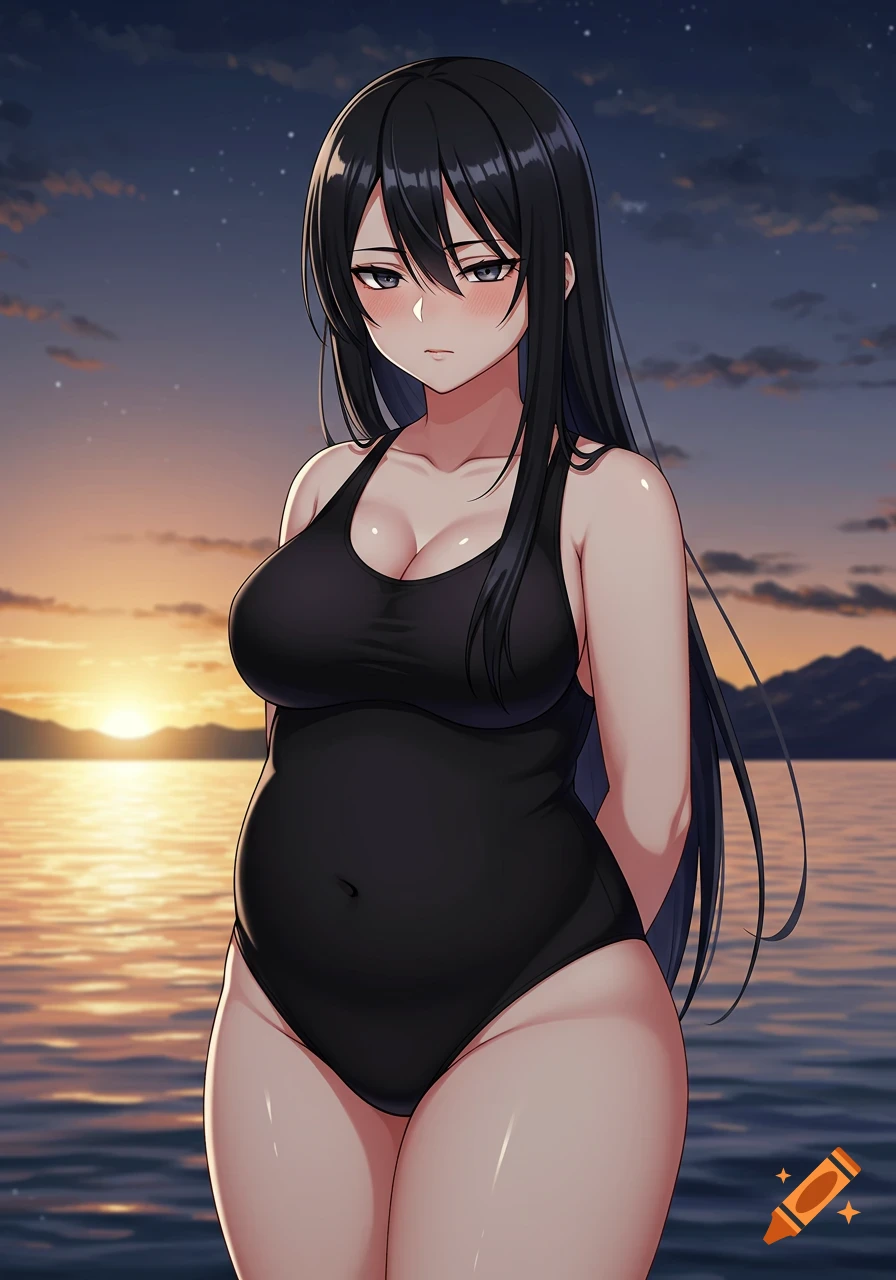 Anime woman with long black hair, wearing a black swimsuit, standing in water at sunset with a blush.