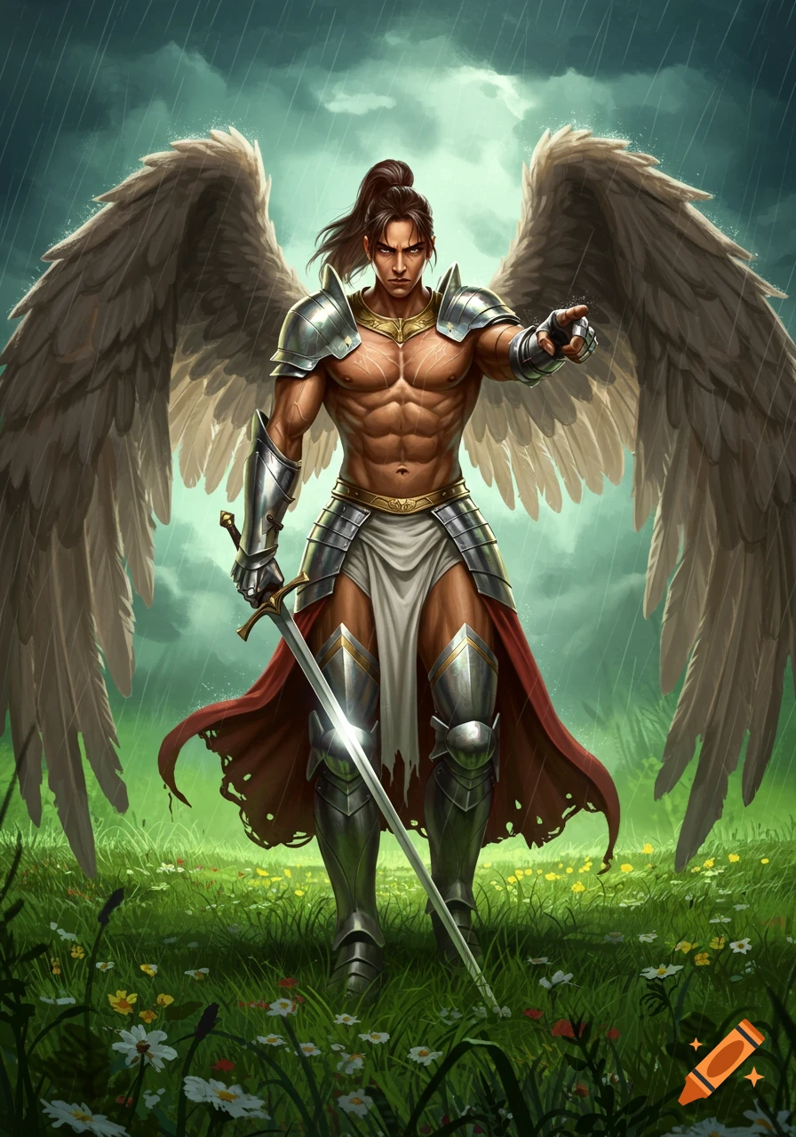 A muscular, winged angel in shining silver armor stands in a rainy, green field, holding a sword and pointing. Detailed digital art.