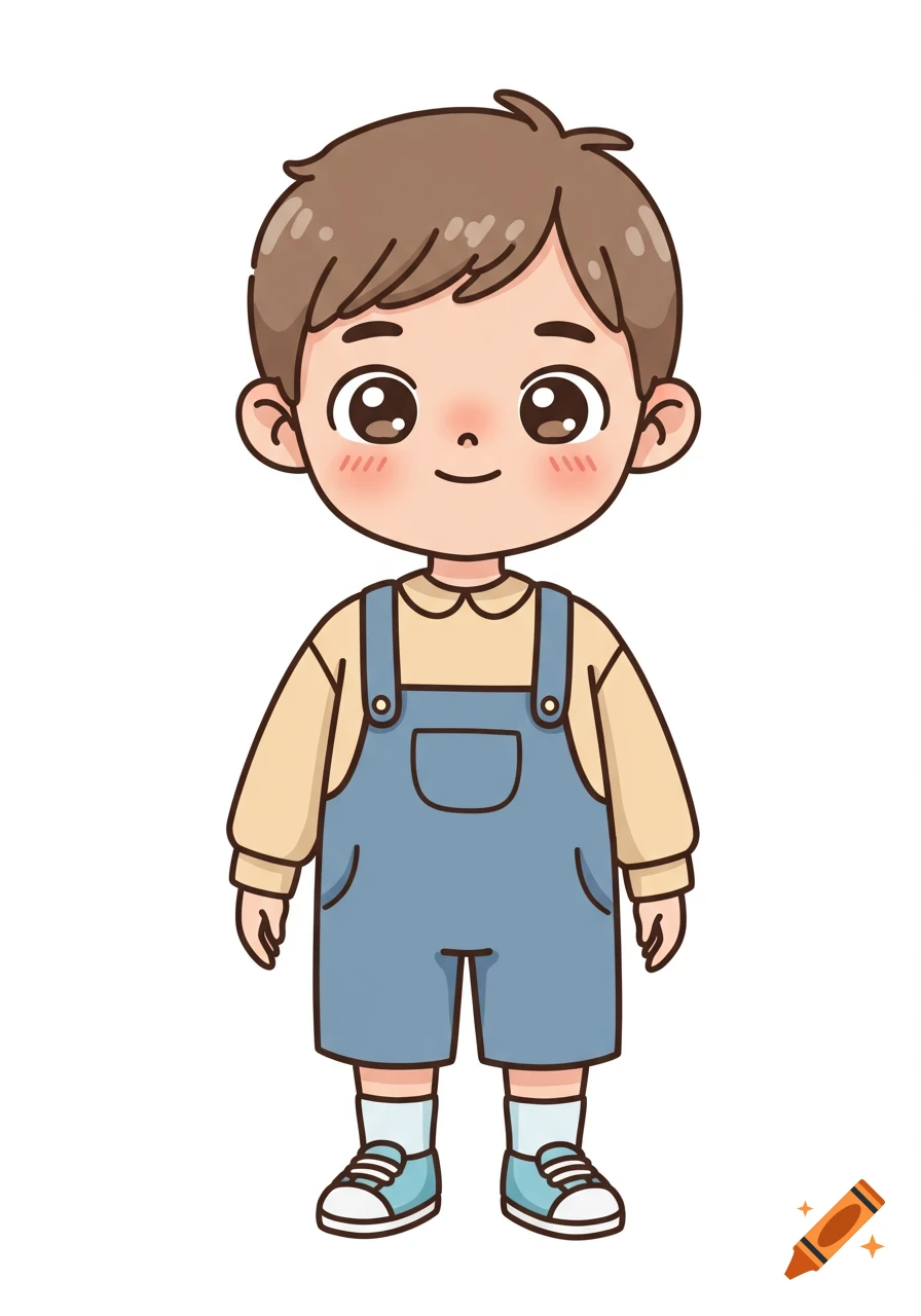 A charming, hand-drawn cartoon illustration of a young boy with light brown hair, rosy cheeks, and big eyes, wearing a yellow shirt and blue overalls.