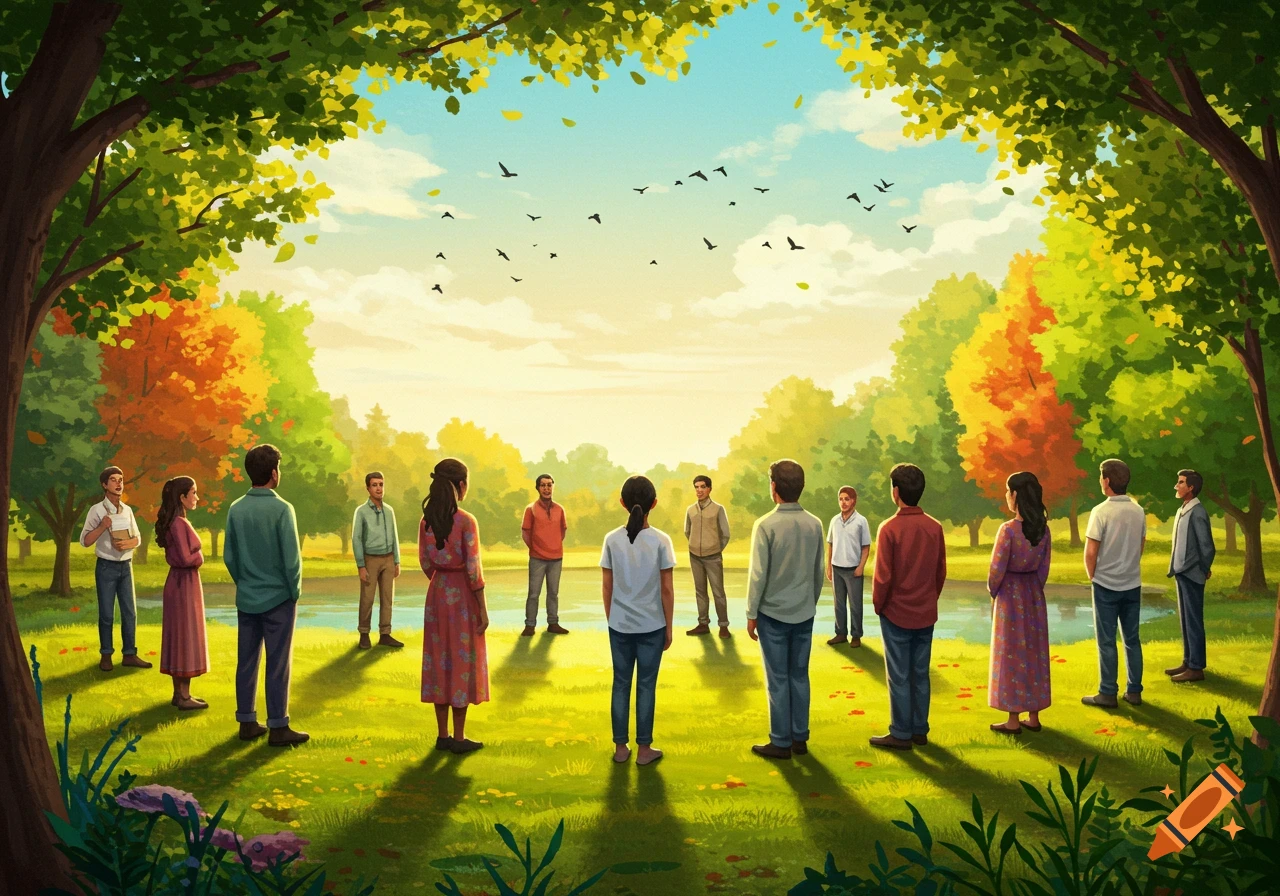 A diverse group of people stand in a circle on a grassy field in a ...