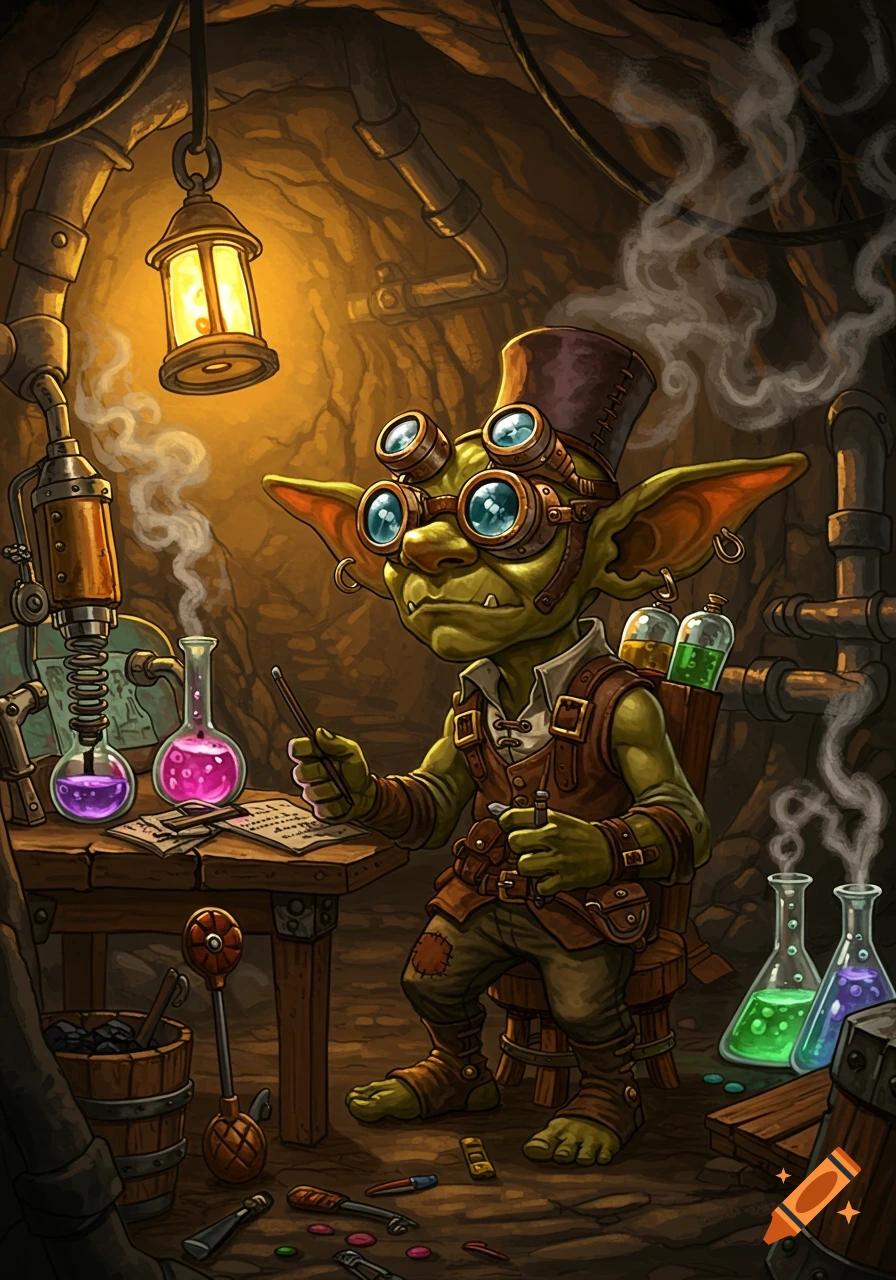 A steampunk goblin in goggles and a top hat sits at a wooden table in an underground lab, writing with a quill amidst bubbling flasks and steam.