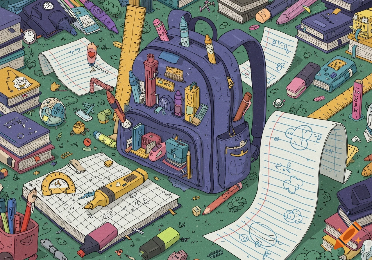 Detailed illustration of school supplies, books, and stationery scattered around an open backpack on a green surface.
