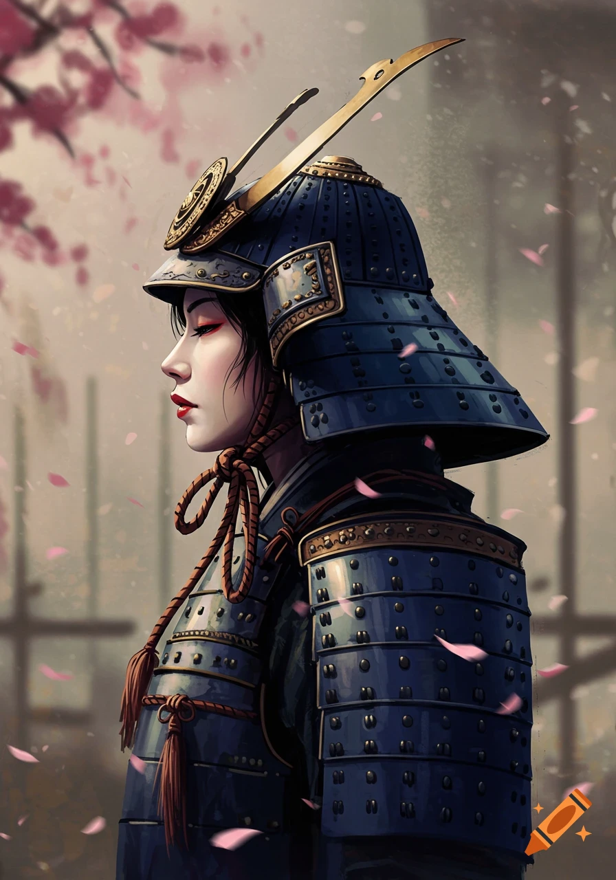 Profile of a samurai woman in dark blue armor and helmet with cherry blossoms, art style.