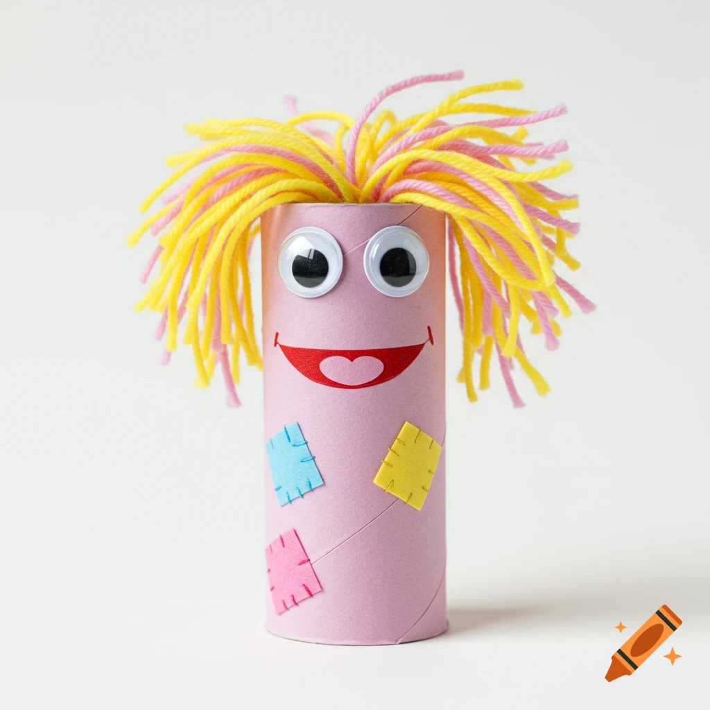 A pink toilet paper roll craft with googly eyes, yellow and pink yarn hair, a red smiling mouth, and colorful felt patches.