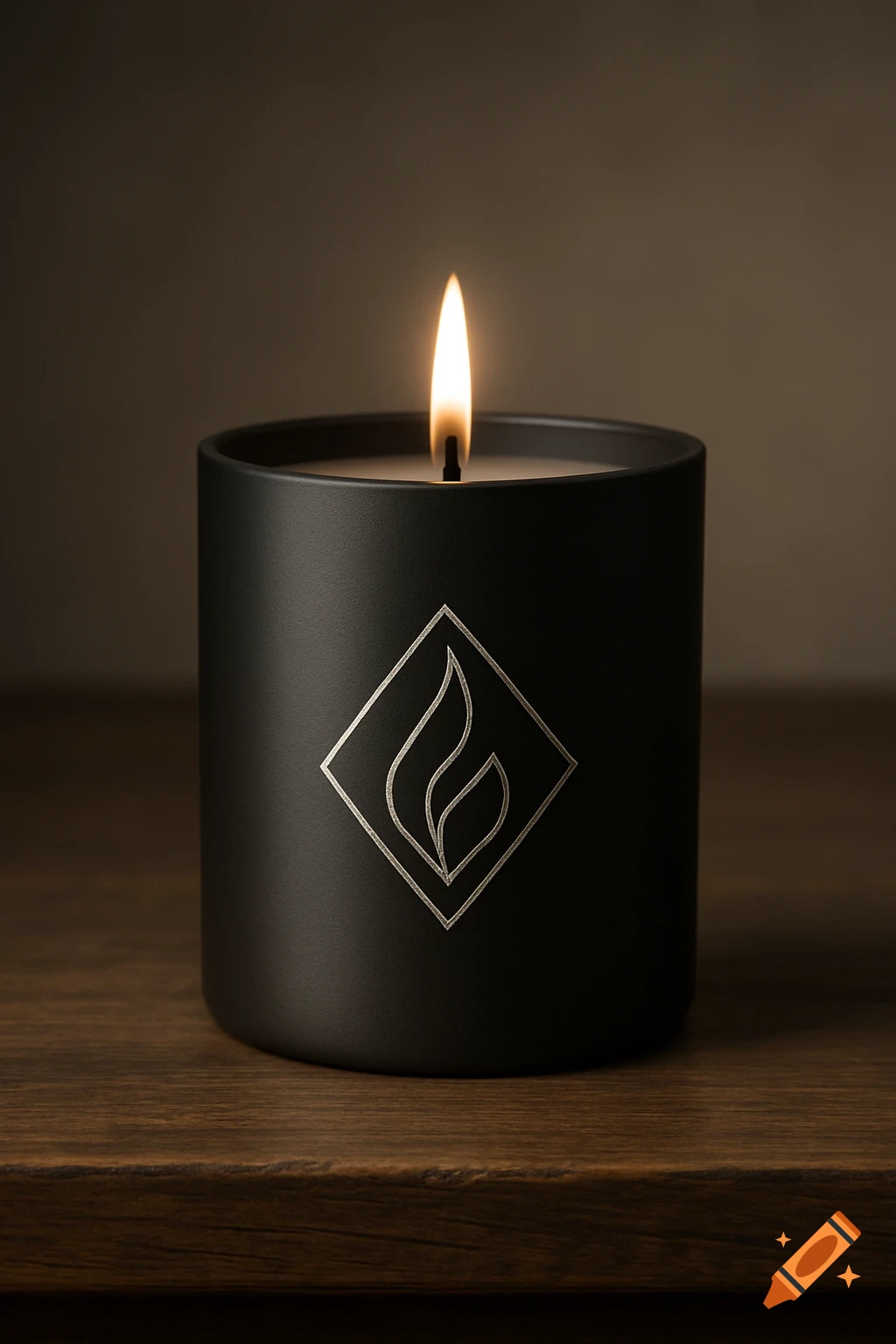 A lit candle in a matte black jar with a silver stylized flame logo, resting on a dark wooden surface.