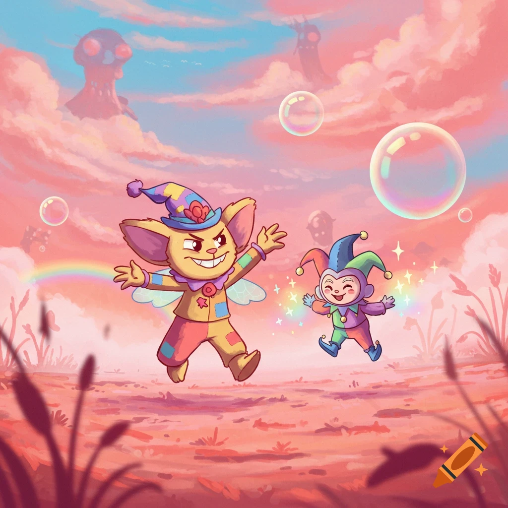 Two happy, jester-like cartoon characters skip through a whimsical ...