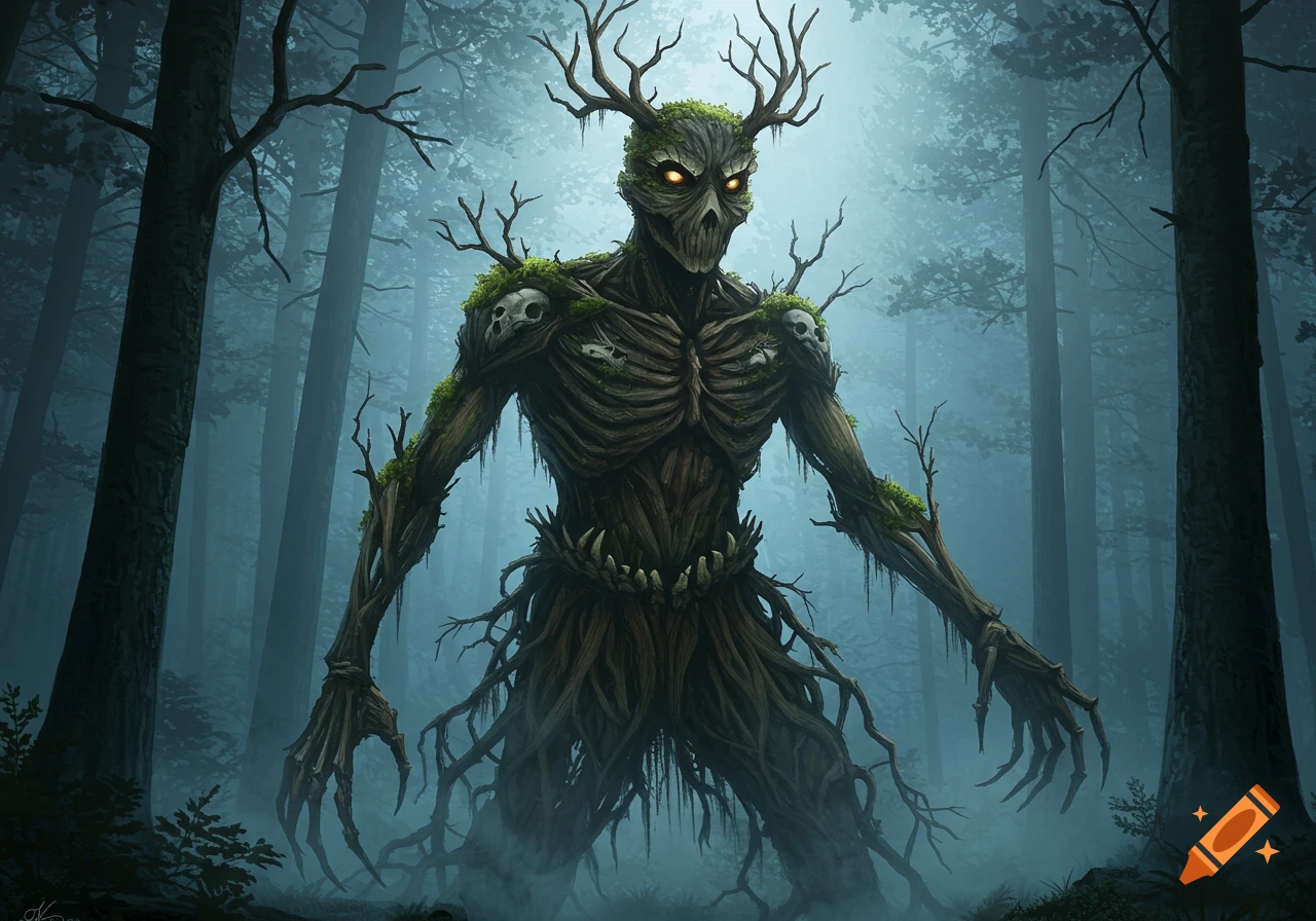 A giant, eerie forest monster made of roots, branches, and small skulls, with glowing eyes, stands in a misty, dark forest.