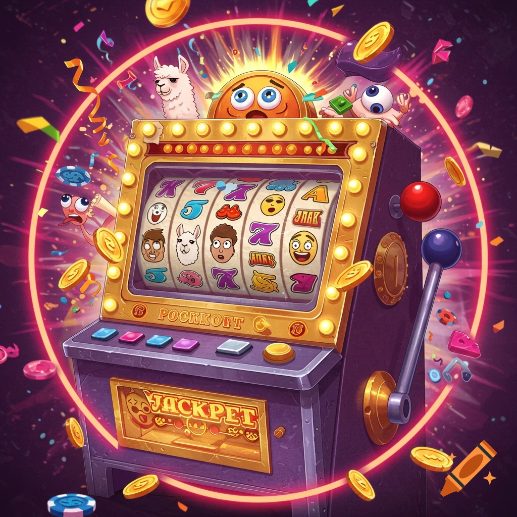 A vibrant, cartoon-style slot machine, exploding with confetti and coins, featuring whimsical meme-like characters on its spinning reels, set against a dark, glowing background.
