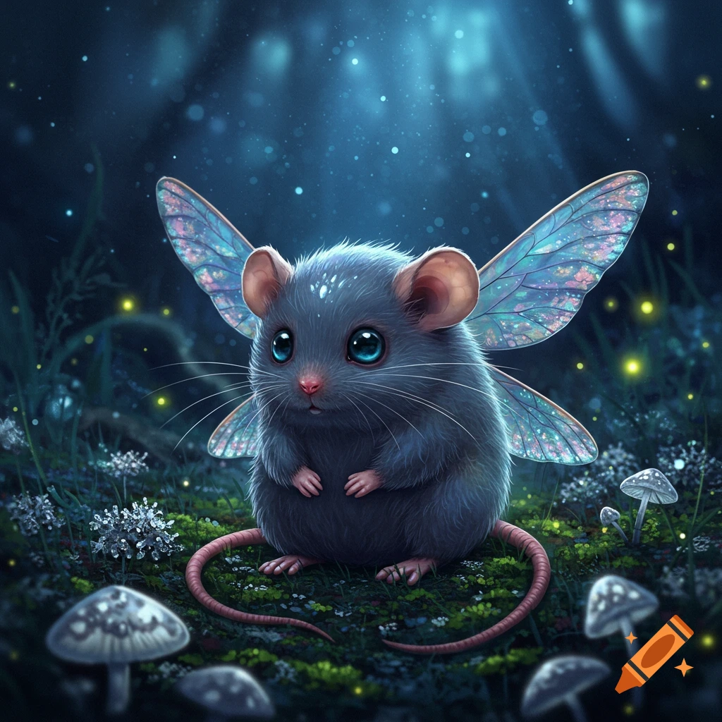 An adorable gray mouse with shimmering iridescent fairy wings sits among glowing mushrooms and fireflies in a dark, mystical forest.