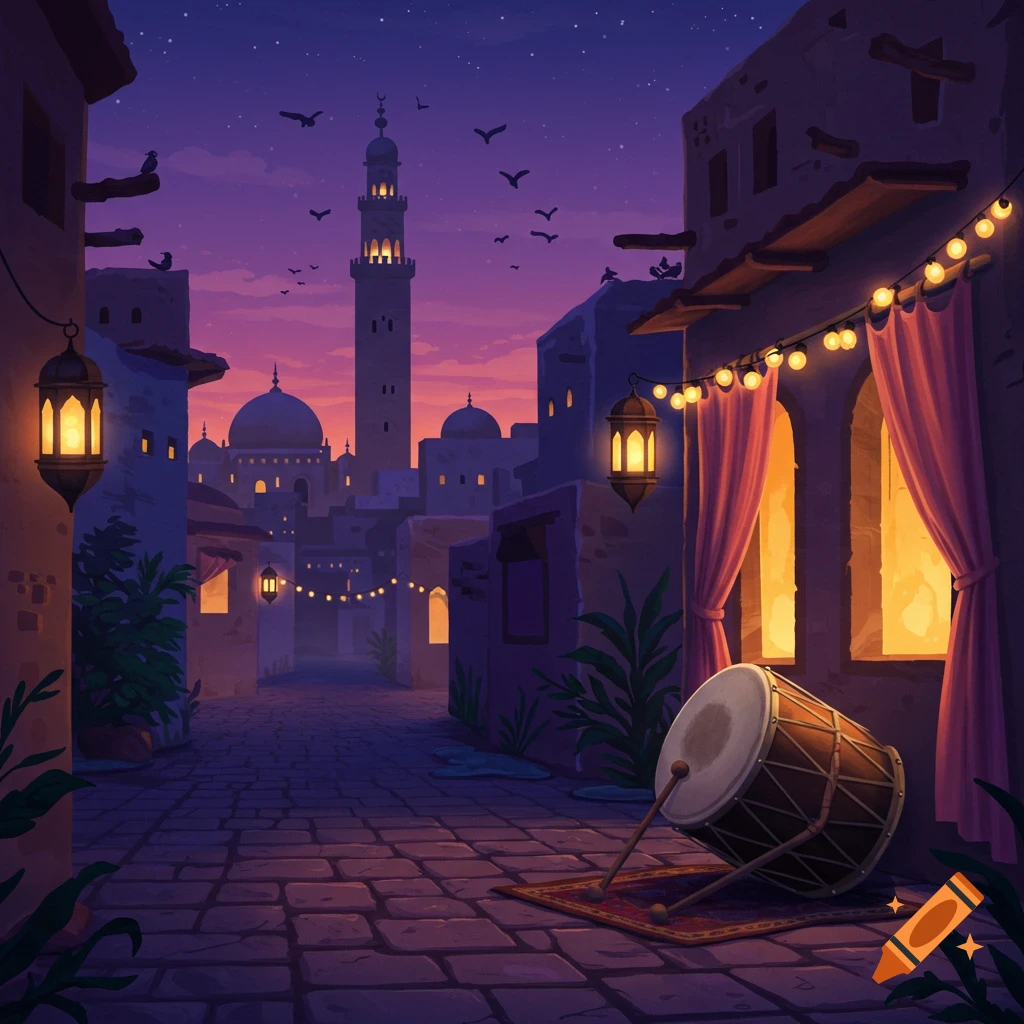 Stylized illustration of a drum on a rug in an old street with lanterns and a mosque minaret against a purple twilight sky.