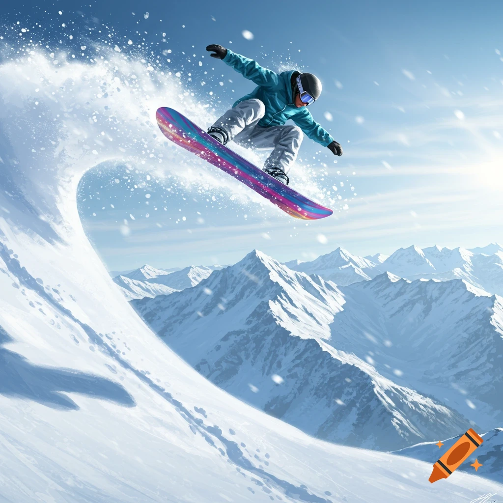 A snowboarder in a blue jacket jumps over a snowy mountain, kicking up a wave of snow under a bright blue sky.