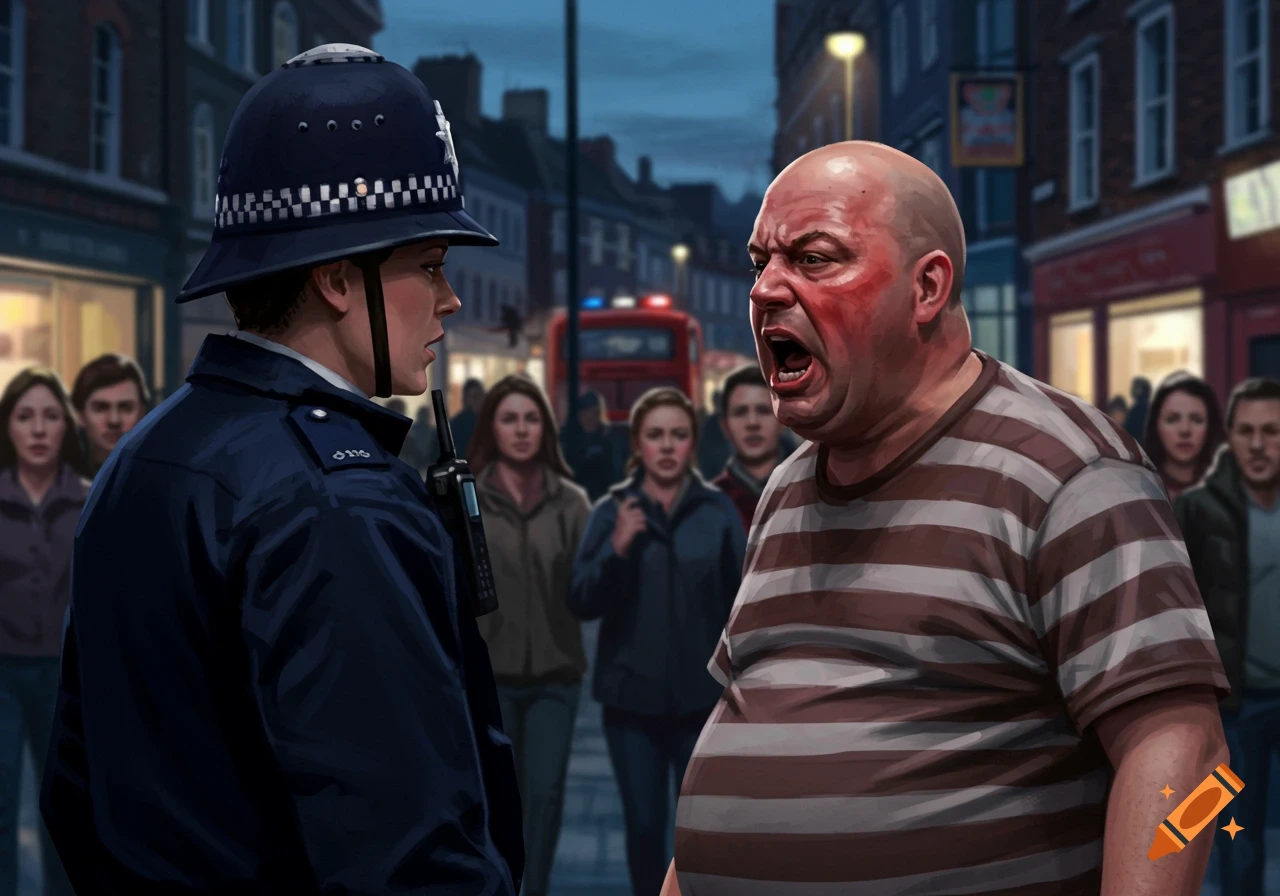 A digital painting of a police officer confronting an angry, bald man shouting on an urban street with onlookers.