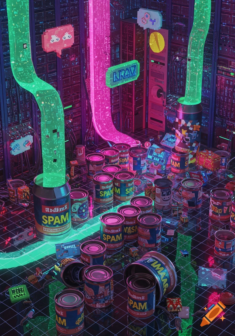 Cyberpunk server room with glowing green and pink data streams pouring into cans of 'SPAM' on a gridded floor.
