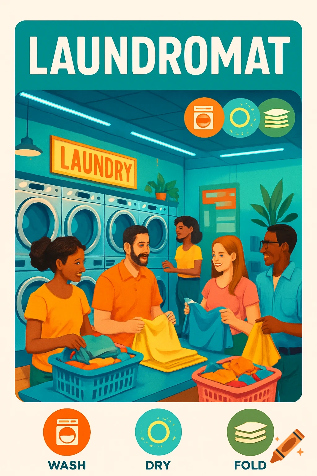 An illustration of people folding clothes in a brightly colored laundromat with a sign that says 'LAUNDROMAT' at the top.