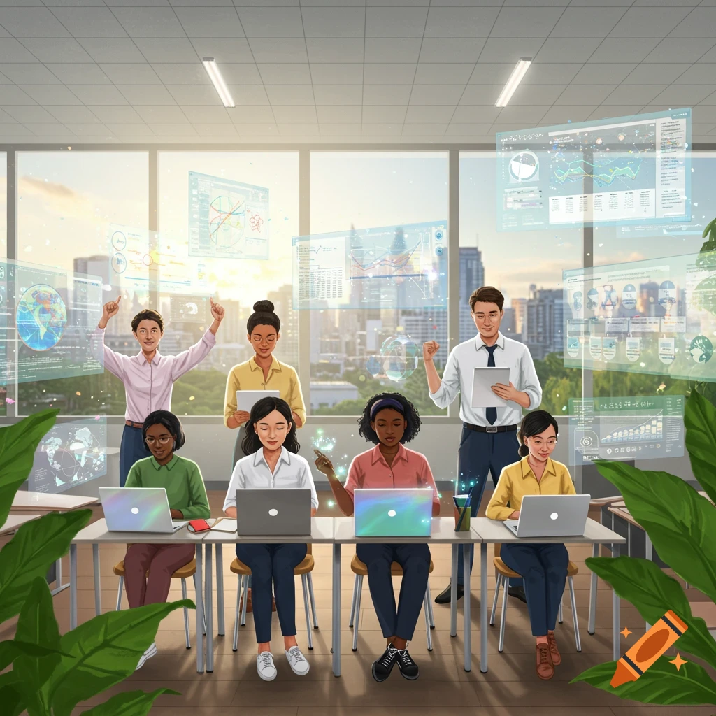 Diverse professionals in a modern office with holographic data screens and laptops, overlooking a city at sunset.