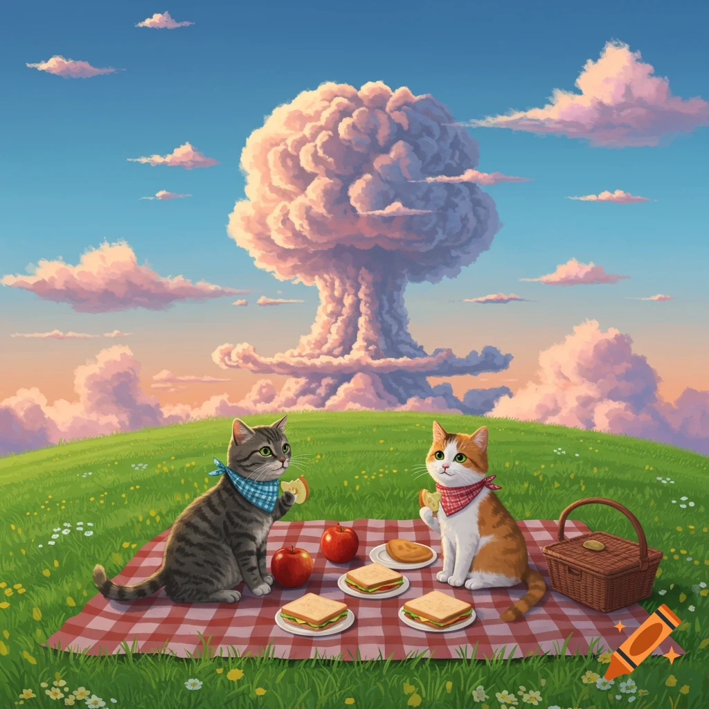 Two cartoon cats picnic on a red checkered blanket on a green hill with a large, stylized mushroom cloud in the background.