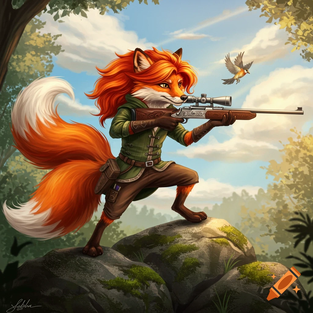 A red-haired anthropomorphic fox in a green tunic aims a sniper rifle ...