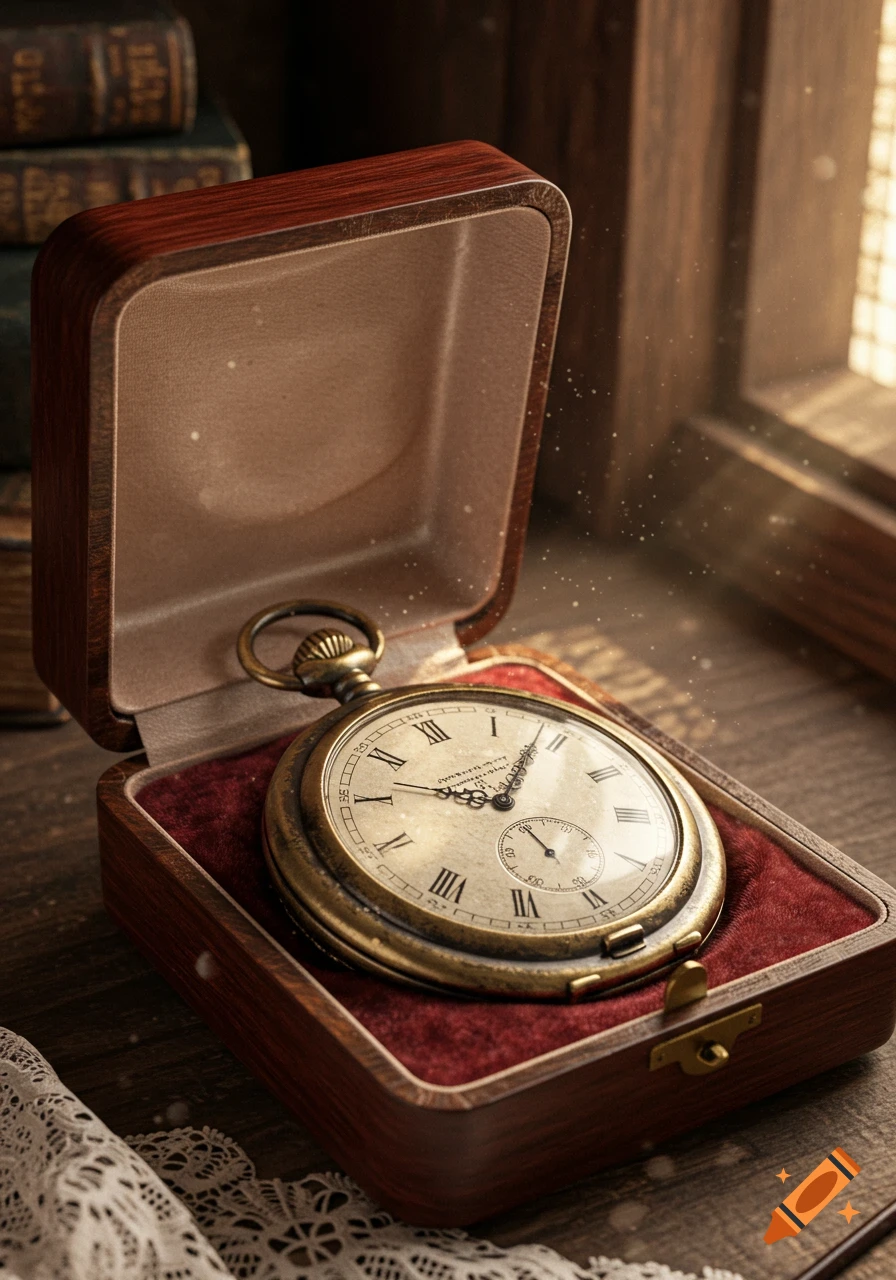 Antique gold pocket watch with Roman numerals rests in an open wooden box with red velvet lining, bathed in soft light.