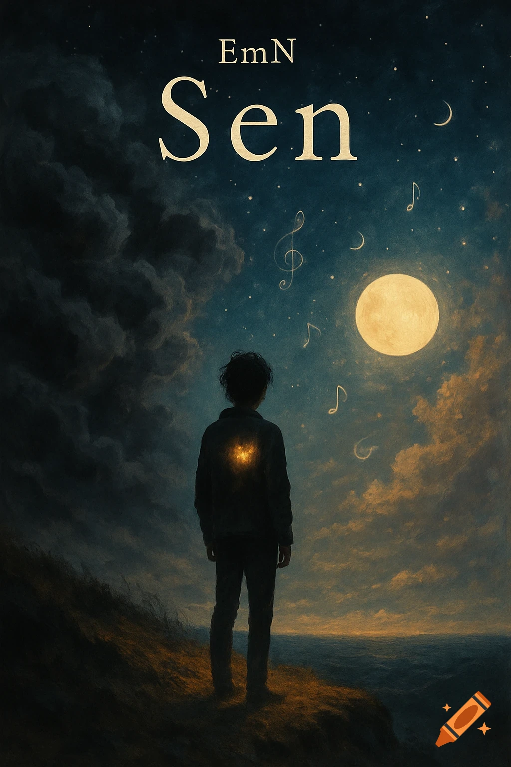 A person with a glowing heart stands on a cliff overlooking the ocean at night, under a full moon and starry sky with floating musical notes. Text reads 'EmN' and 'Sen'.