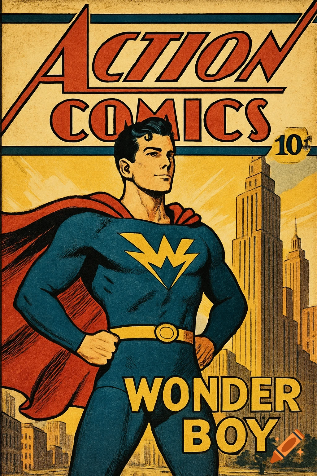 Vintage comic cover of Wonder Boy in a blue suit with a red cape, standing before a city skyline. Text reads 'ACTION COMICS' and 'WONDER BOY'.