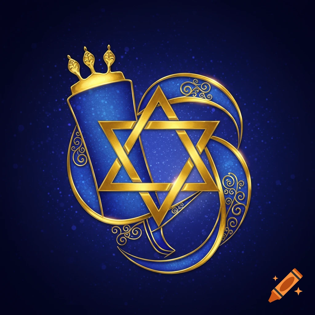 A stylized gold Star of David and Torah scroll on a shimmering blue background with intricate filigree accents.