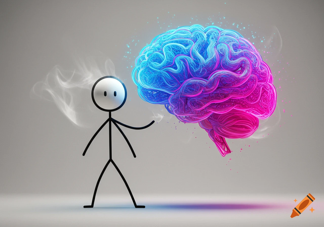 A stickman stands next to a large, glowing, neon blue and pink stylized brain against a grey background.