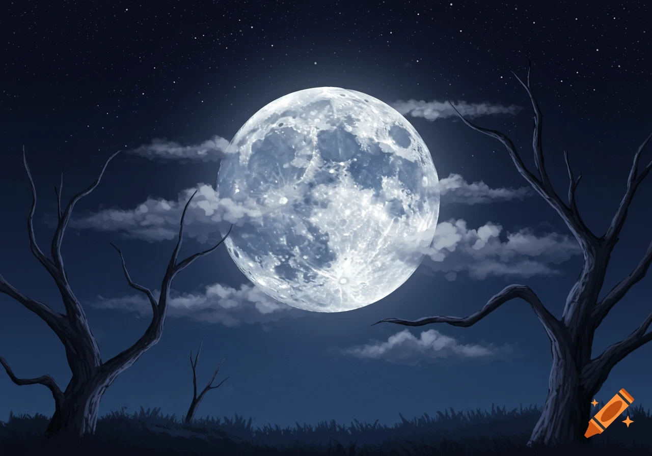 A bright full moon illuminates a dark night sky with wispy clouds and silhouetted bare trees on a grassy hill, digital illustration.