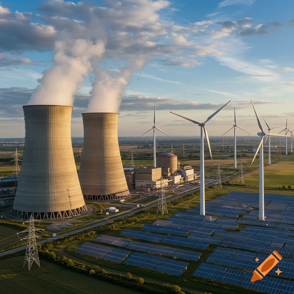 Aerial view of a power plant with two cooling towers, wind turbines, and solar panels in a green landscape under a partly cloudy sky.