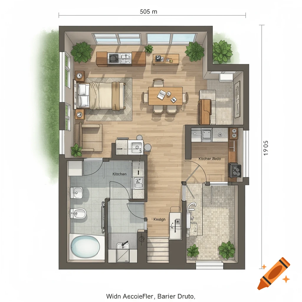 Detailed overhead drawing of a single-story house floor plan featuring a bedroom, living area, dining table, kitchen, and bathroom, with some dimensions.