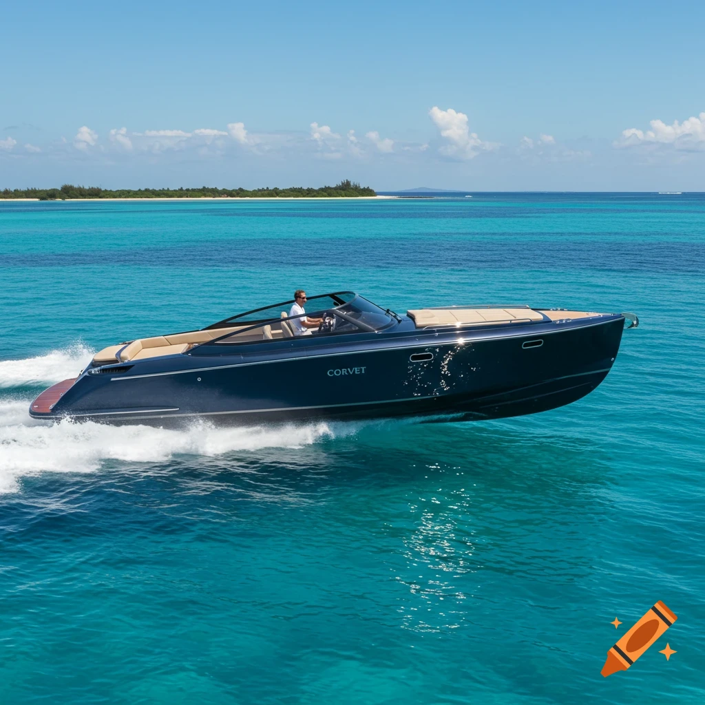 A sleek dark blue speedboat with a person driving it speeds across clear turquoise water near a tropical island.