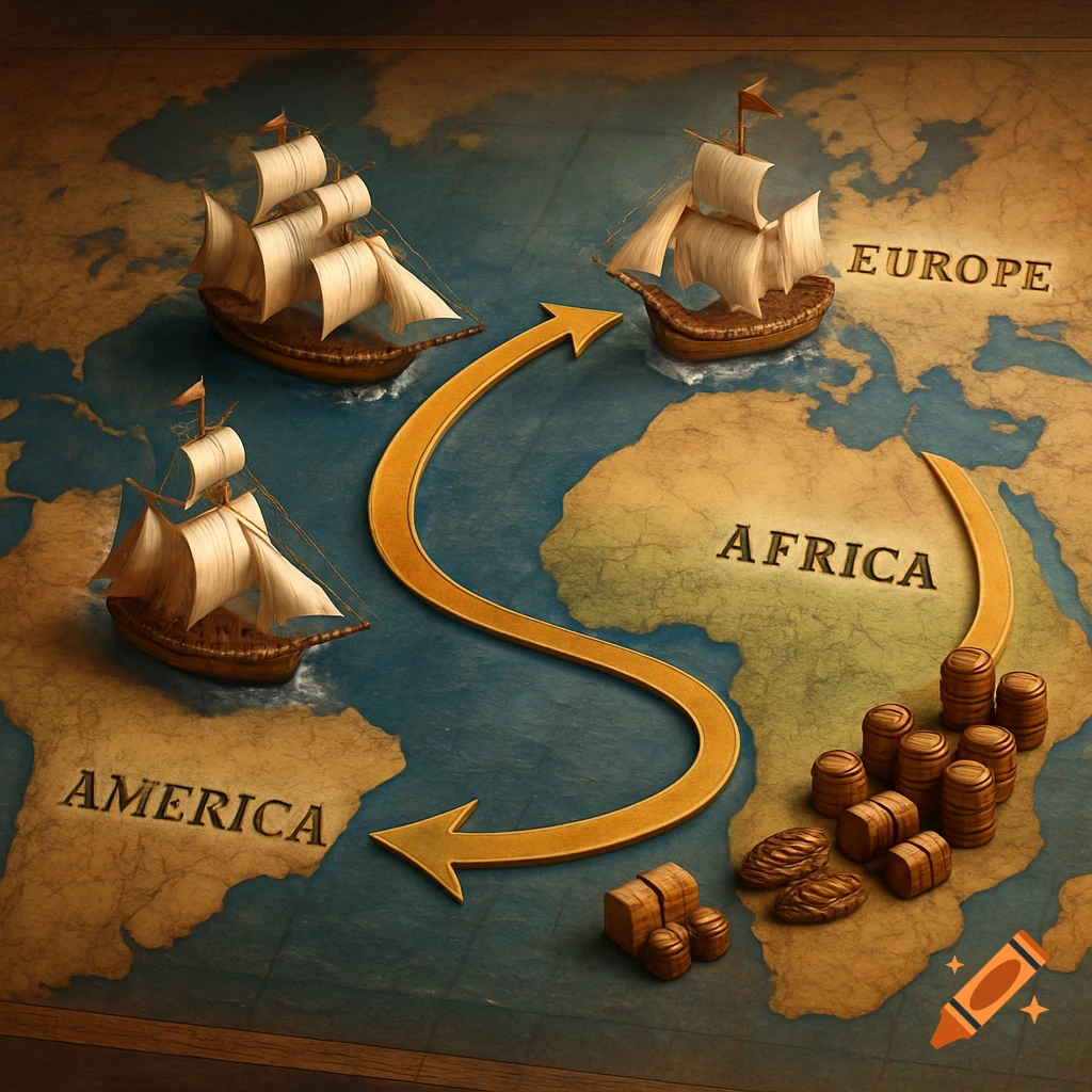 A stylized 3D map depicting triangular trade routes with ships, labeled continents of Europe, Africa, and America, and barrels.