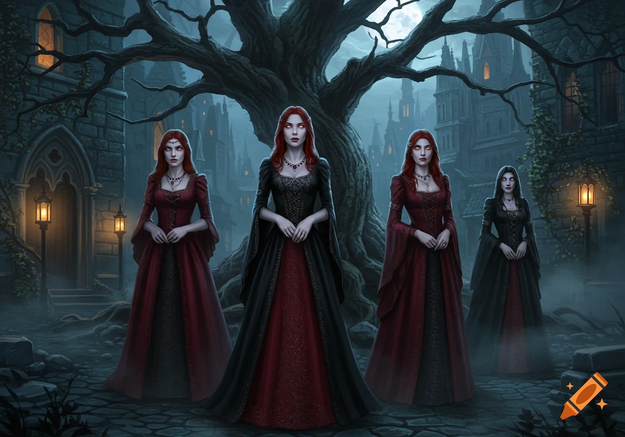 Four female vampires in gothic dresses stand on a cobblestone path in a dark, foggy medieval town under a full moon, digital painting.