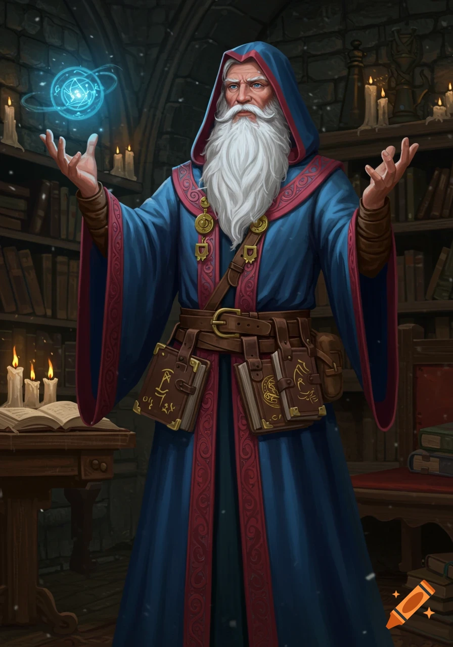 A white-bearded wizard in a blue and red robe holds a glowing blue orb, standing in a magical library with books.