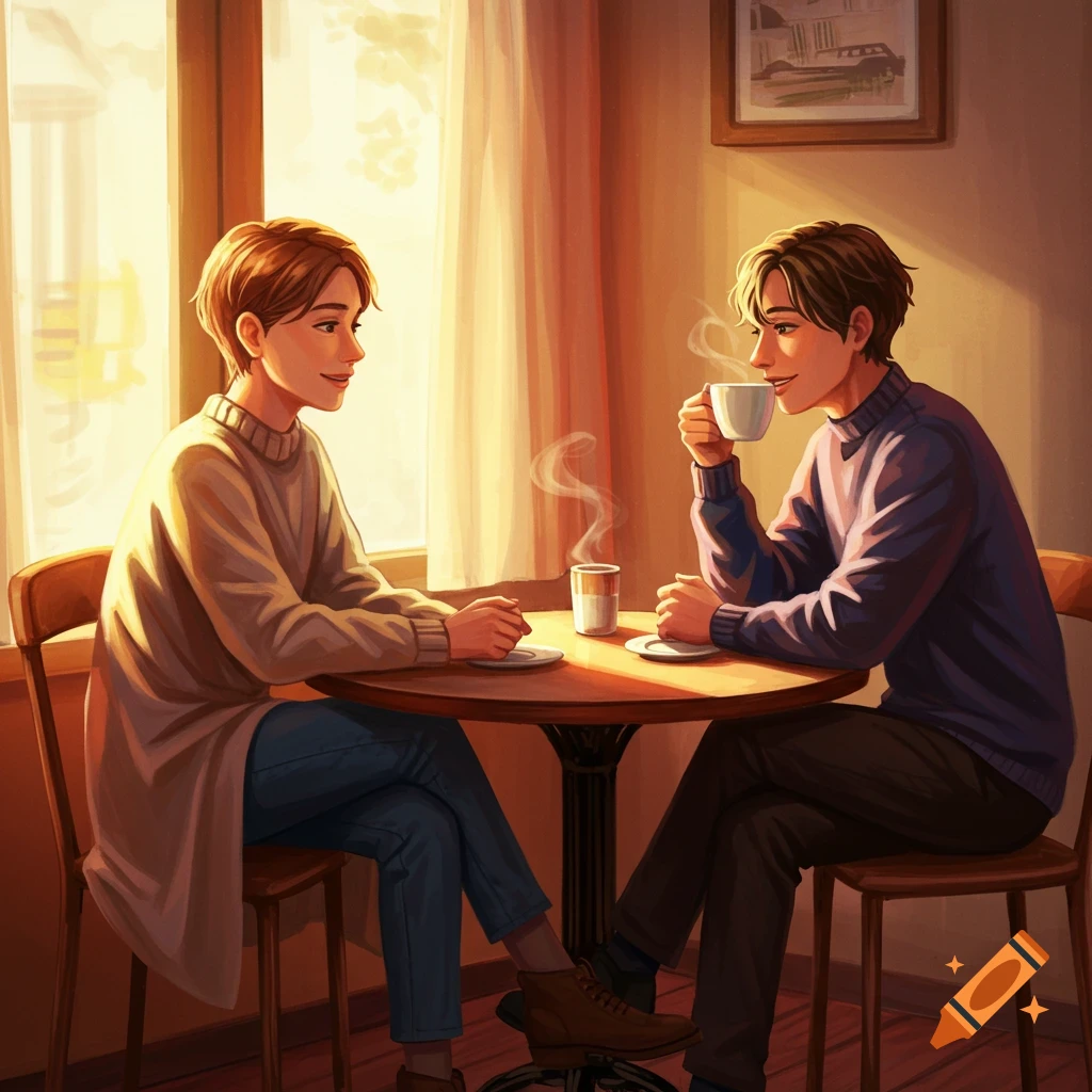 Two people sitting at a cafe table, drinking coffee and chatting, illuminated by warm sunlight from a window, in an illustrative style.