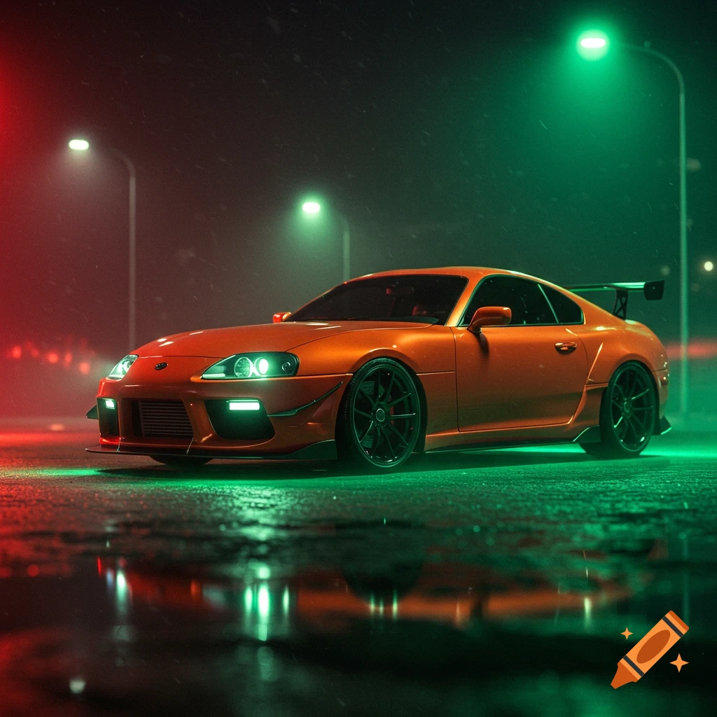An orange Toyota Supra on a wet street at night, bathed in green neon light from below, with reflections and red and green streetlights.