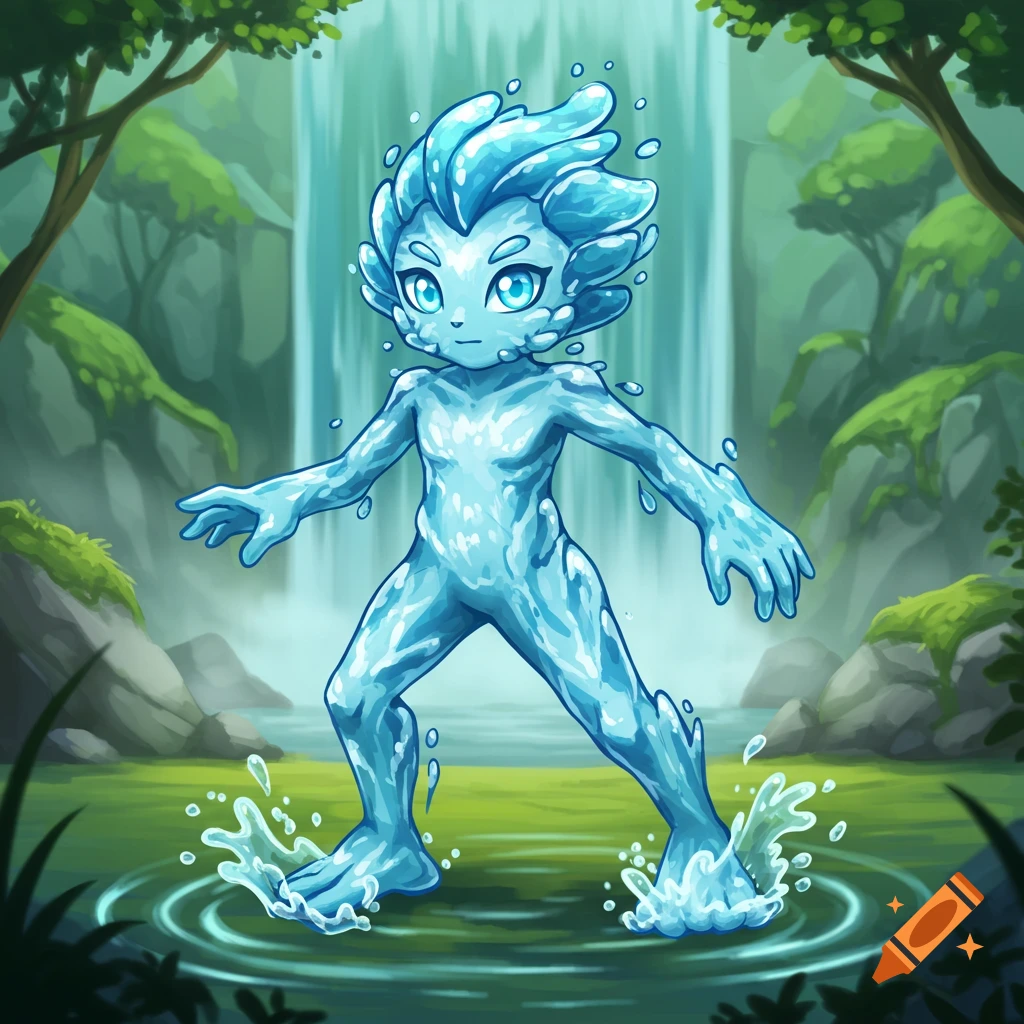 A stylized cartoon water elemental character with glowing blue eyes stands in shallow water in a lush jungle with a waterfall.