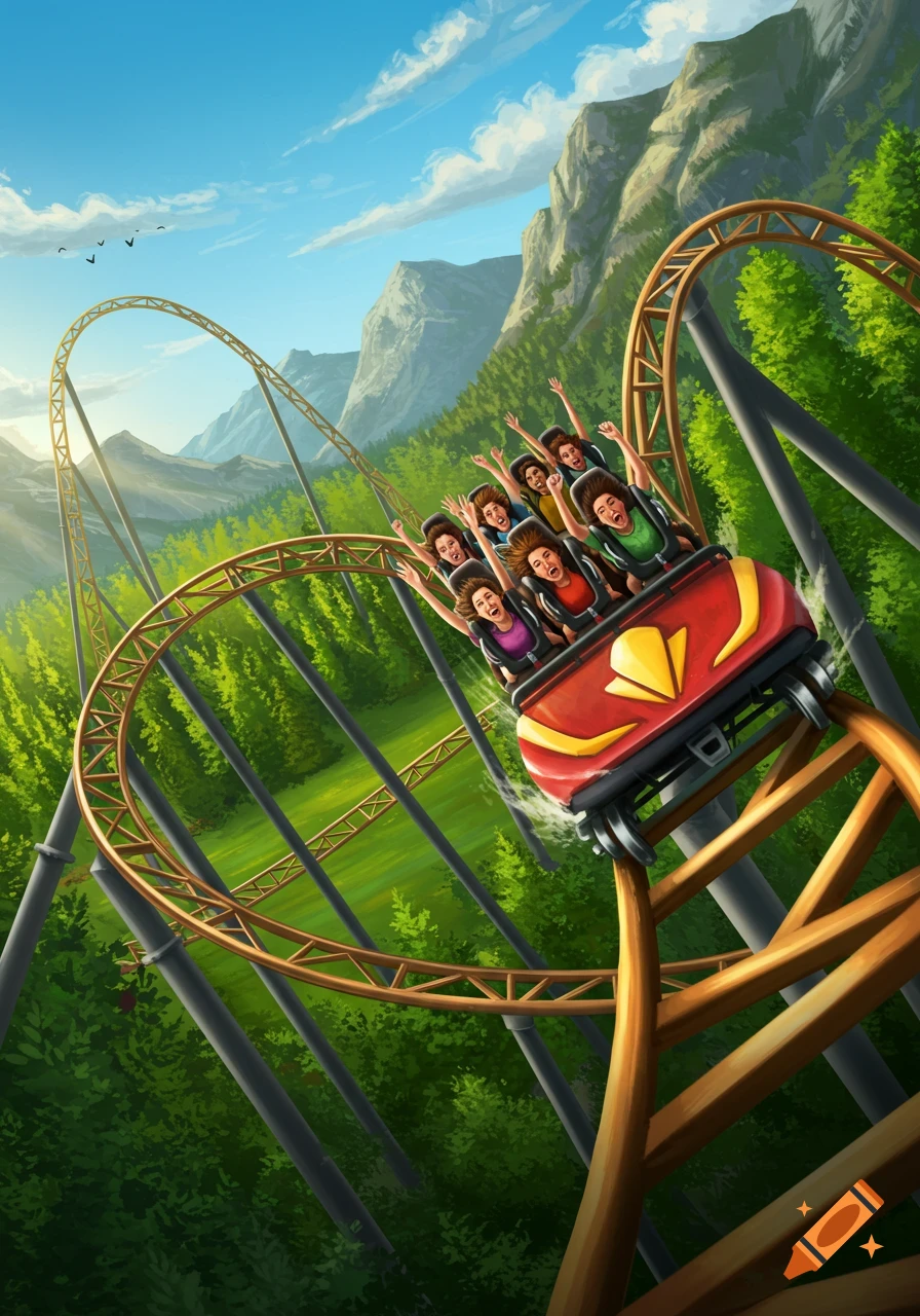 Stylized illustration of a thrilling rollercoaster with cheering passengers speeding through a lush green mountain landscape under a blue sky.