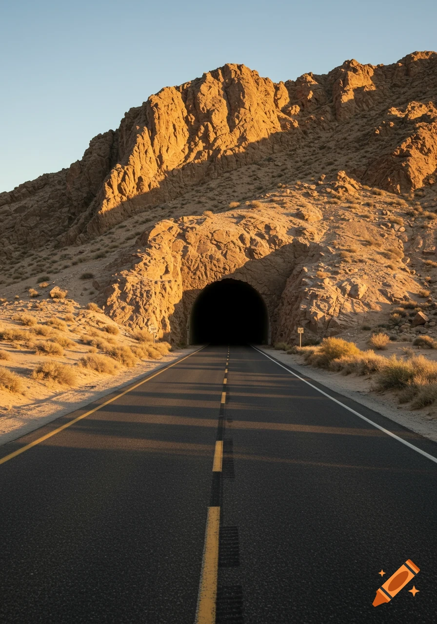 A two-lane asphalt road leads directly into a dark tunnel carved into a rugged, sunlit desert mountain under a clear sky.