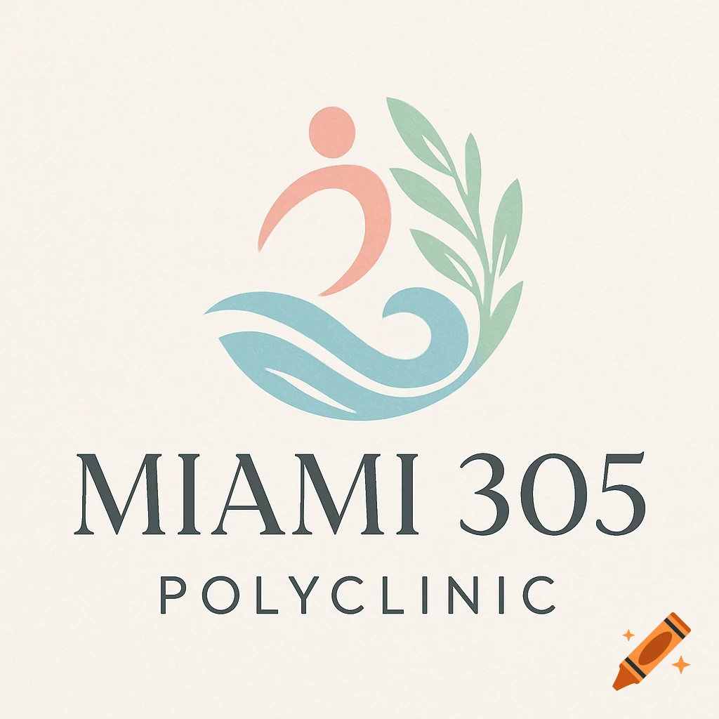 Logo for Miami 305 Polyclinic featuring a stylized person, waves, and a leaf in muted colors.