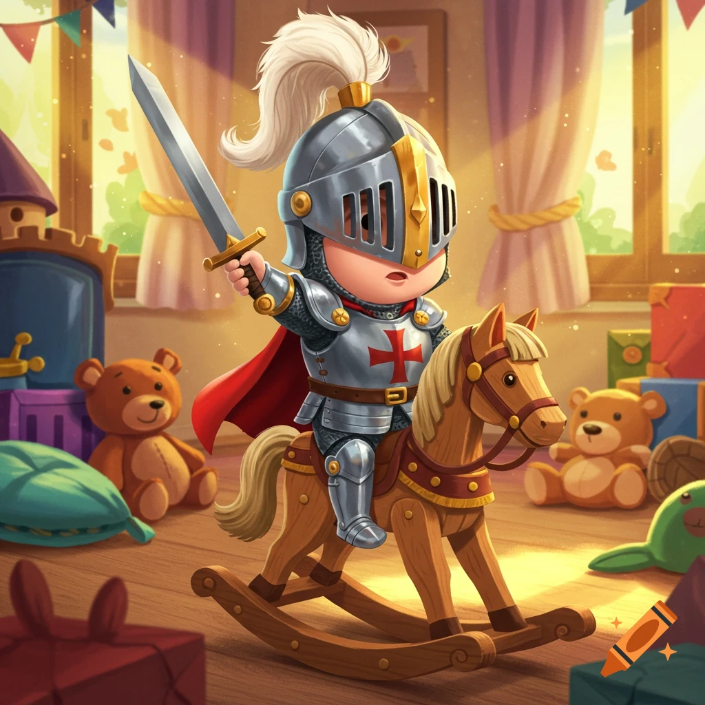 A cartoon toddler in crusader armor and helmet, with a red cape, rides a wooden rocking horse while holding a sword in a bright toy room.
