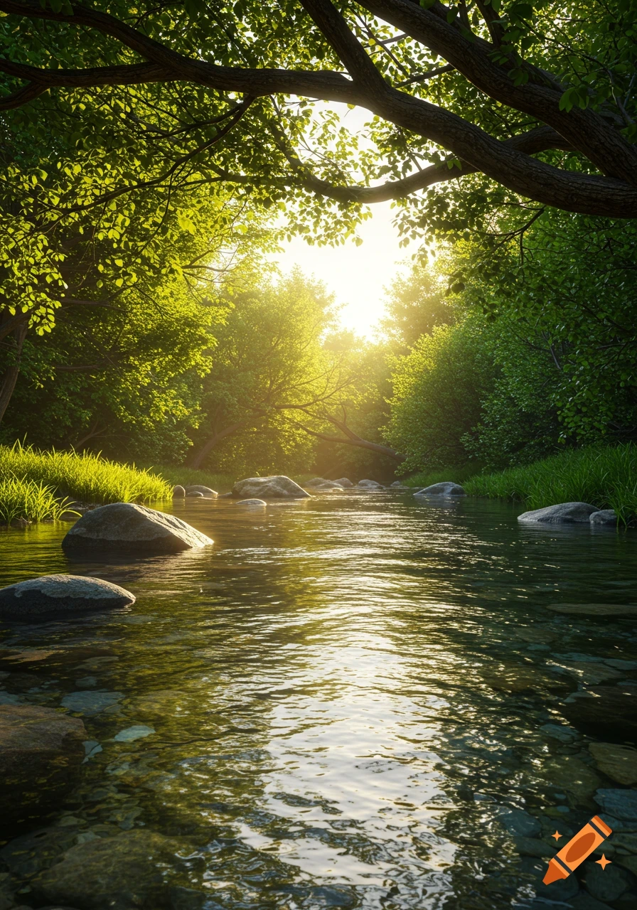 Ultra-realistic photograph of a gently flowing river in a lush forest at sunrise, with glistening water and detailed rocks.