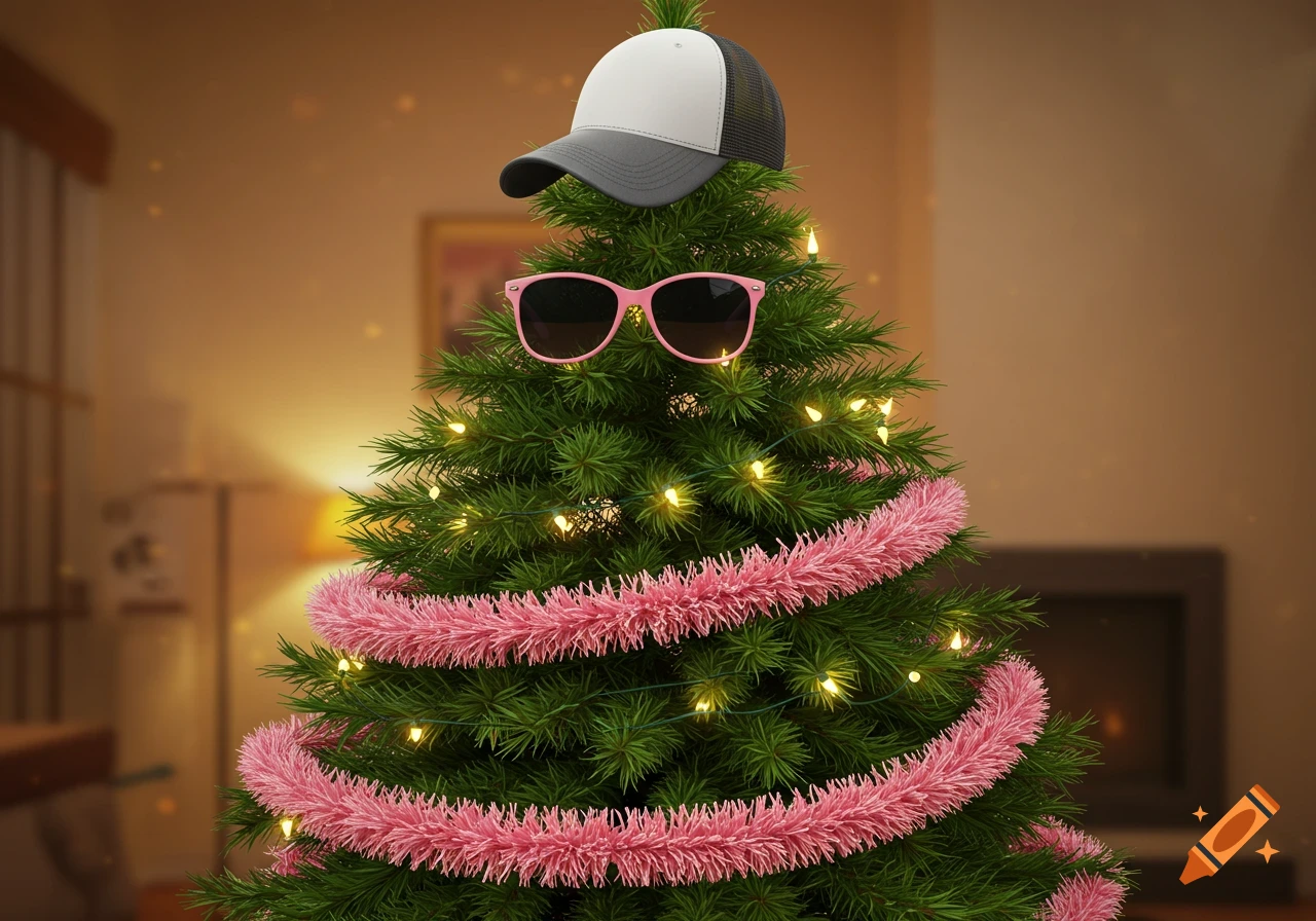 A festive Christmas tree adorned with a white and gray baseball cap, pink sunglasses, pink tinsel, and twinkling lights.