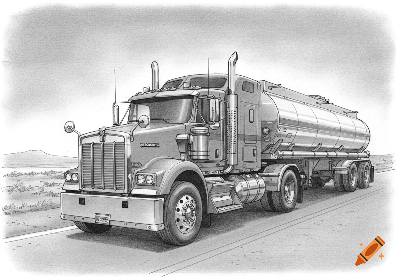 Pencil sketch of a Kenworth tank truck driving on a road with mountains in the distance.