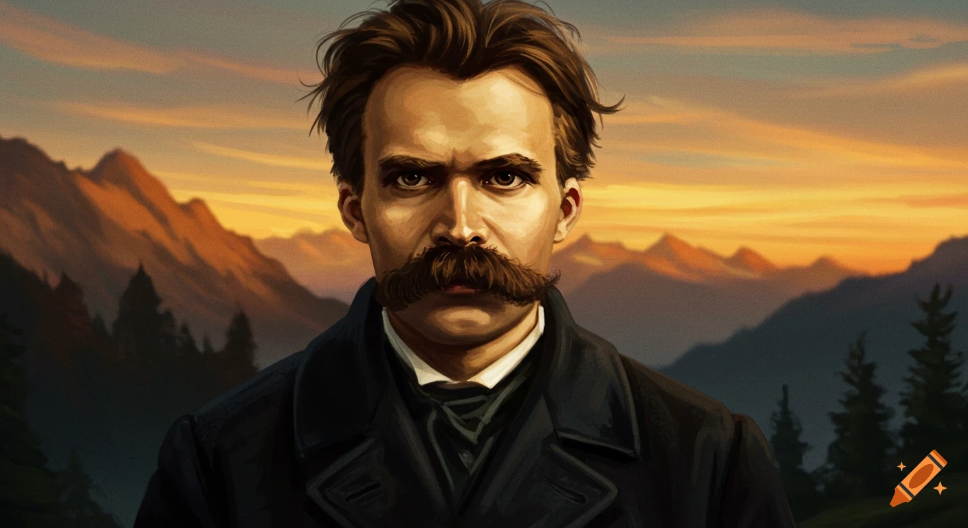 Oil painting of Friedrich Nietzsche with a thick mustache, serious expression, against a sunset mountain landscape.