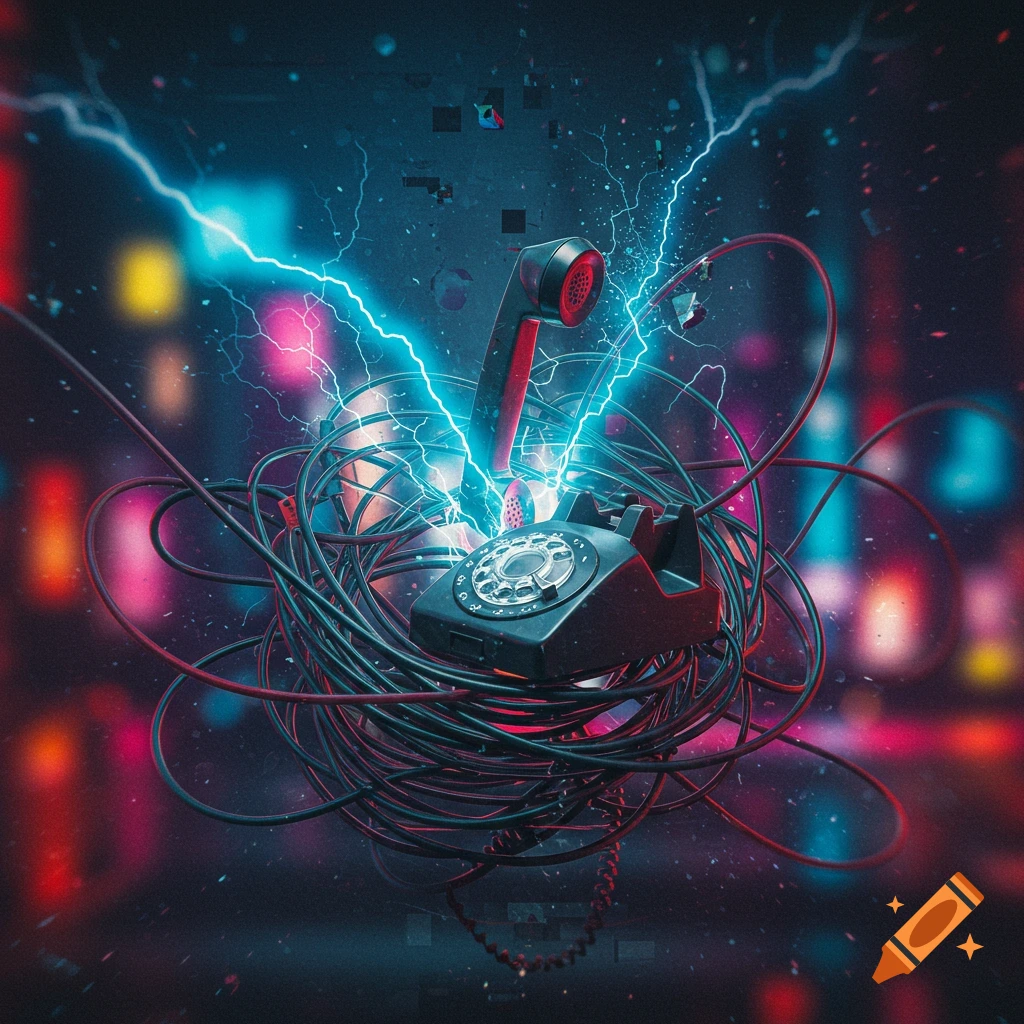 A vintage black rotary phone with tangled wires, electrified by blue lightning, against a blurry, colorful background.